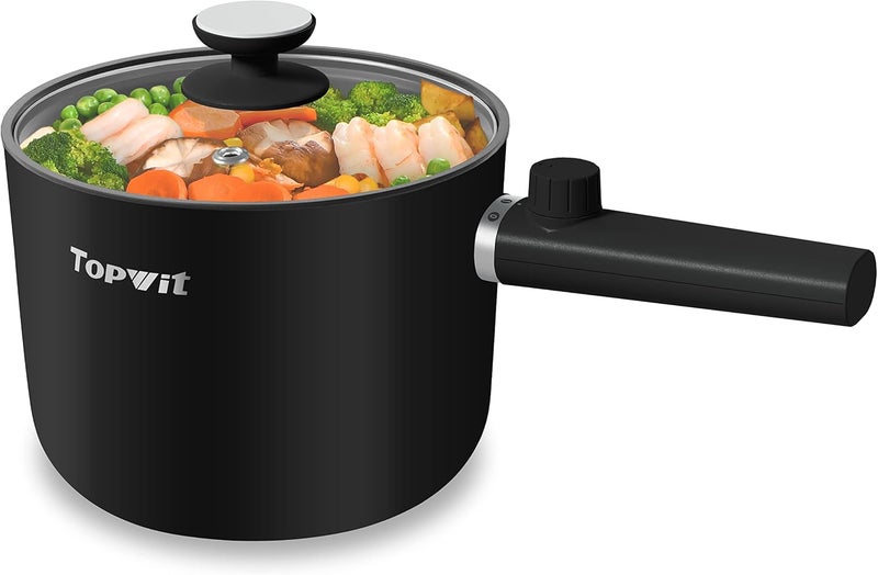 TopWit Hot Pot Electric, 1.5L Ramen Cooker, Portable Non-Stick Frying Pan, Electric Pot for Pasta, Steak, BPA Free, Electric Cooker with Dual Power Control, Over-Heating & Boil Dry Protection, Black - Image 1